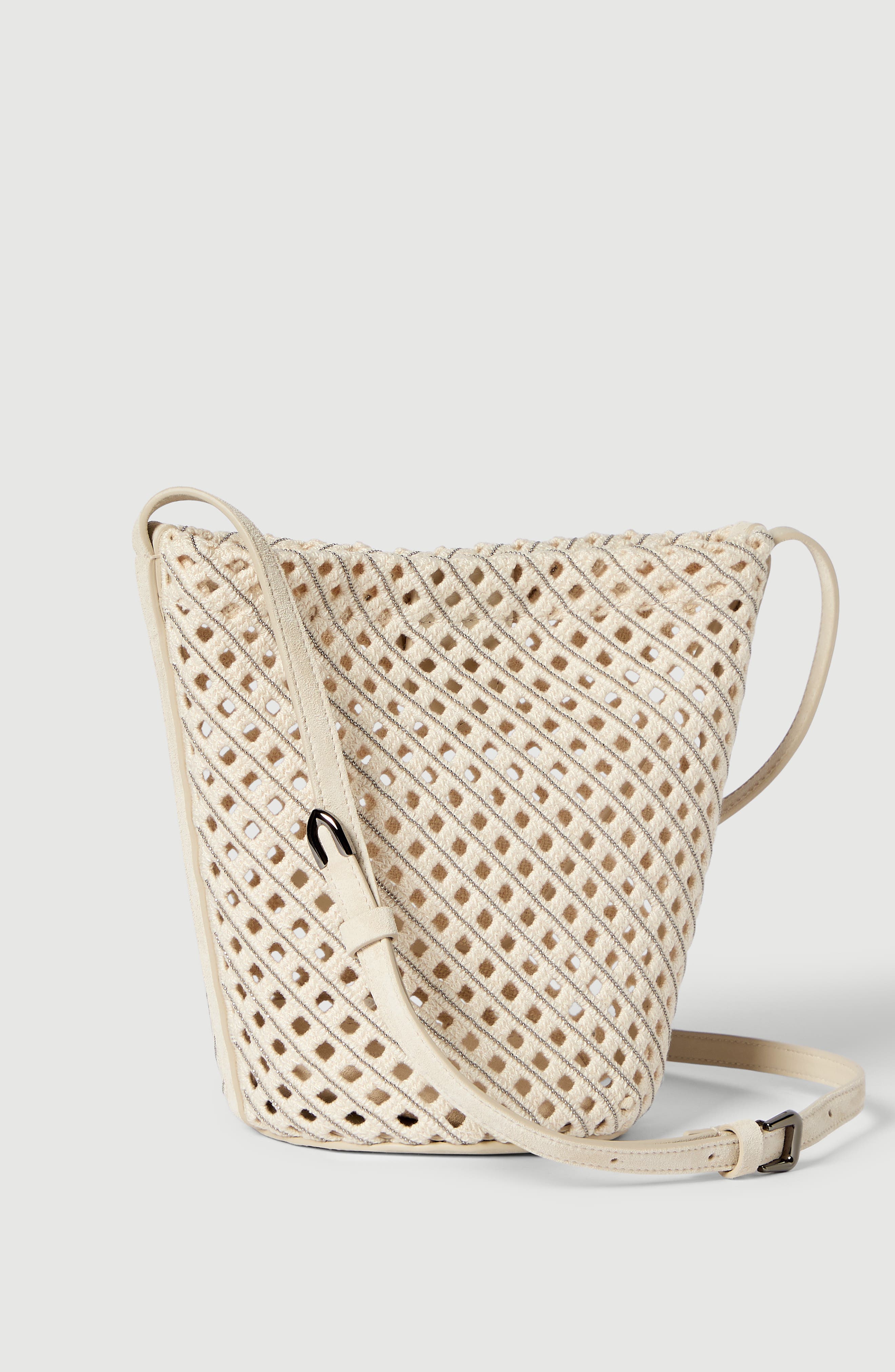 Brunello Cucinelli Net sartorial small bucket bag, Alternate, color, Ivory