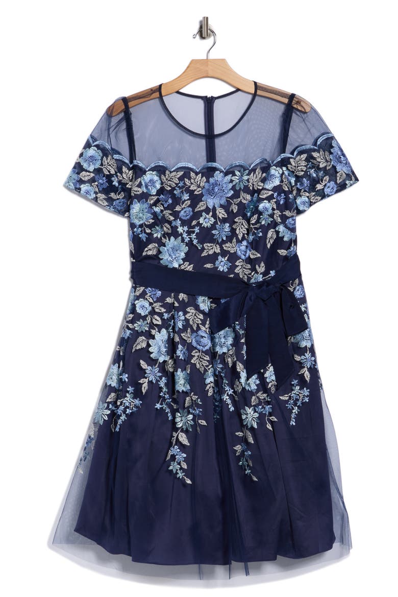 Floral Embroidered Illusion Short Sleeve Cocktail Dress, Alternate, color, NAVY