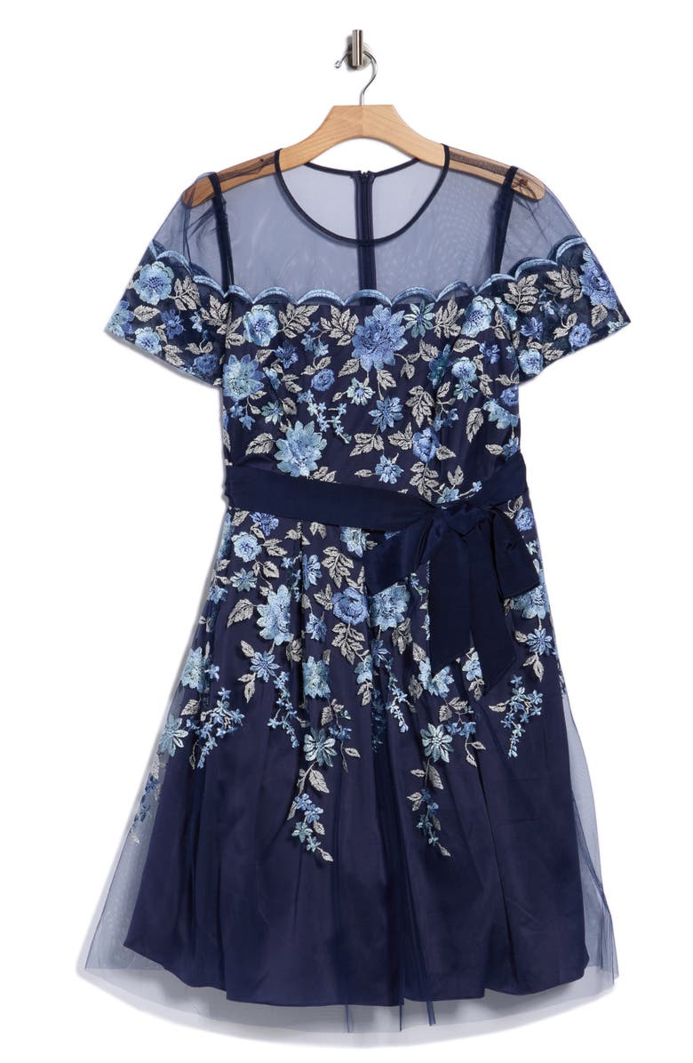 Eliza J Floral Embroidered Illusion Short Sleeve Cocktail Dress, Alternate, color, Navy