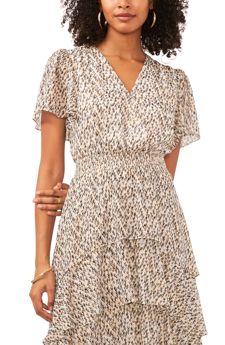 Vince Camuto Metallic Abstract Print Tiered Dress, Alternate, color, Rich Cream