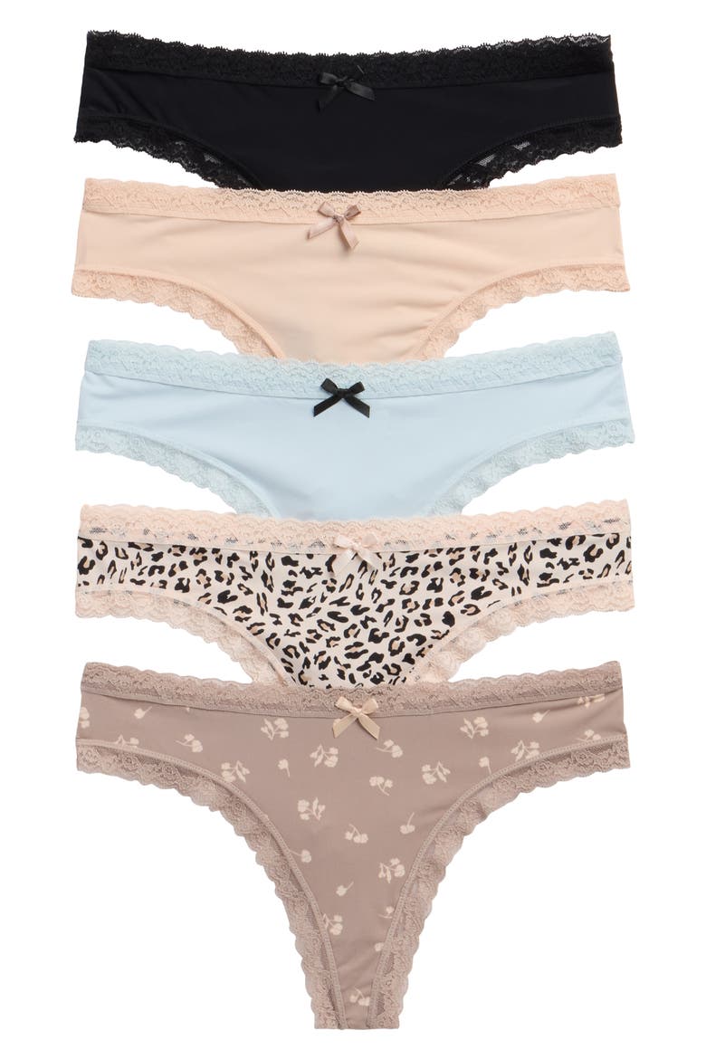 Petra Mid Rise Thong Underwear - Pack of 5, Main, color, NEUTRAL MULTI