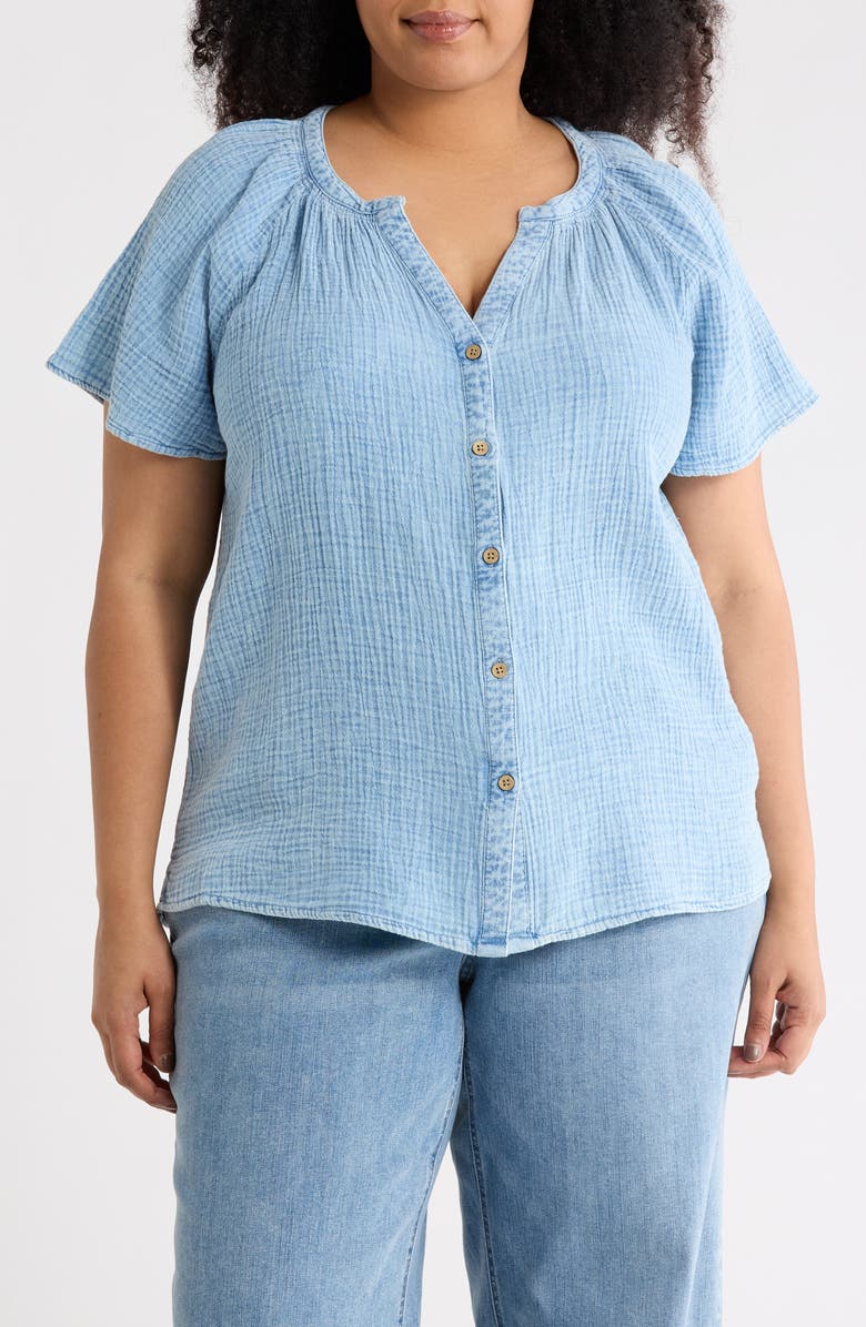 beachlunchlounge Lark Short Sleeve Cotton Gauze Button-Up Shirt, Main, color, Blue Acid Wash