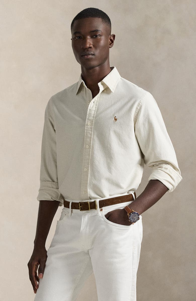 Polo Ralph Lauren The Iconic Solid Cotton Button-Down Oxford Shirt, Alternate, color, Basic Sand
