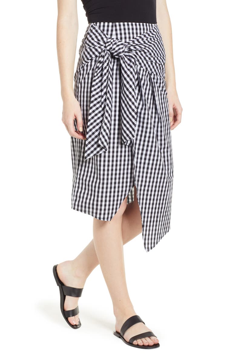 Gingham Tie Waist Skirt, Main, color, BLACK/ WHITE GINGHAM