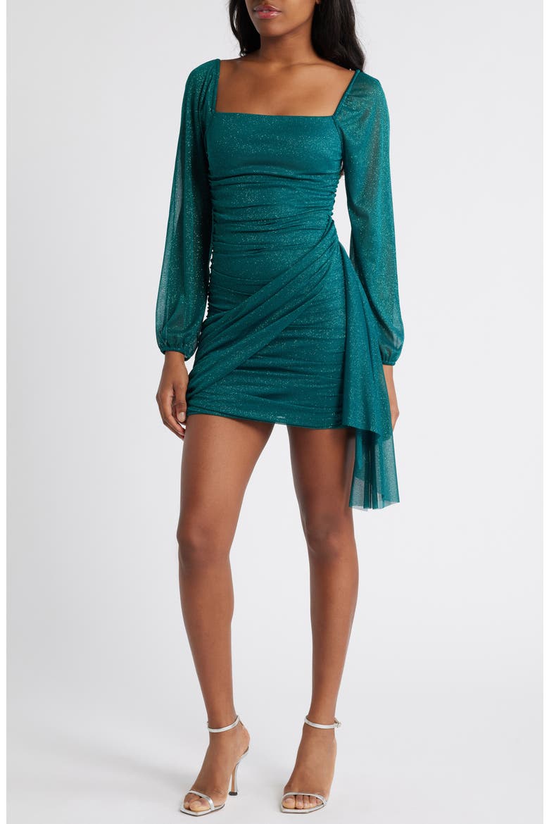 Metallic Drape Front Long Sleeve Minidress, Main, color, HUNTER