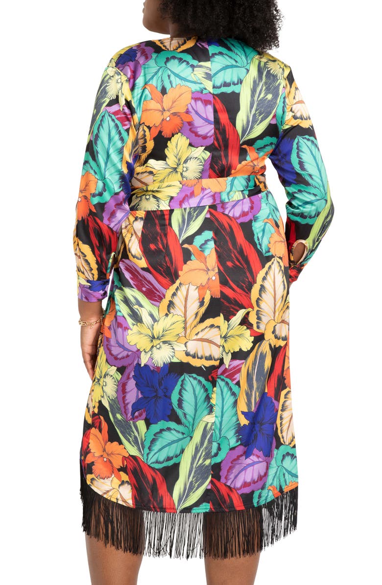 ELOQUII Fringe Trim Long Sleeve Wrap Dress, Alternate, color, 