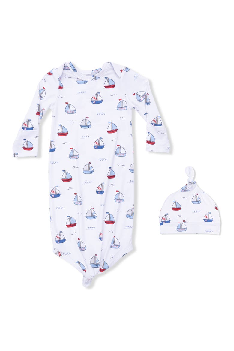 Bubbly Sailboats Knotted Gown & Hat Set, Main, color, WHITE BLUE
