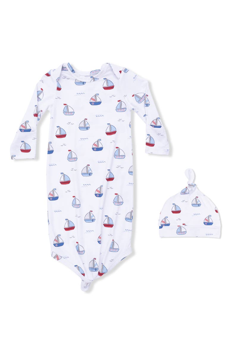 Angel Dear Bubbly Sailboats Knotted Gown & Hat Set, Main, color, White Blue