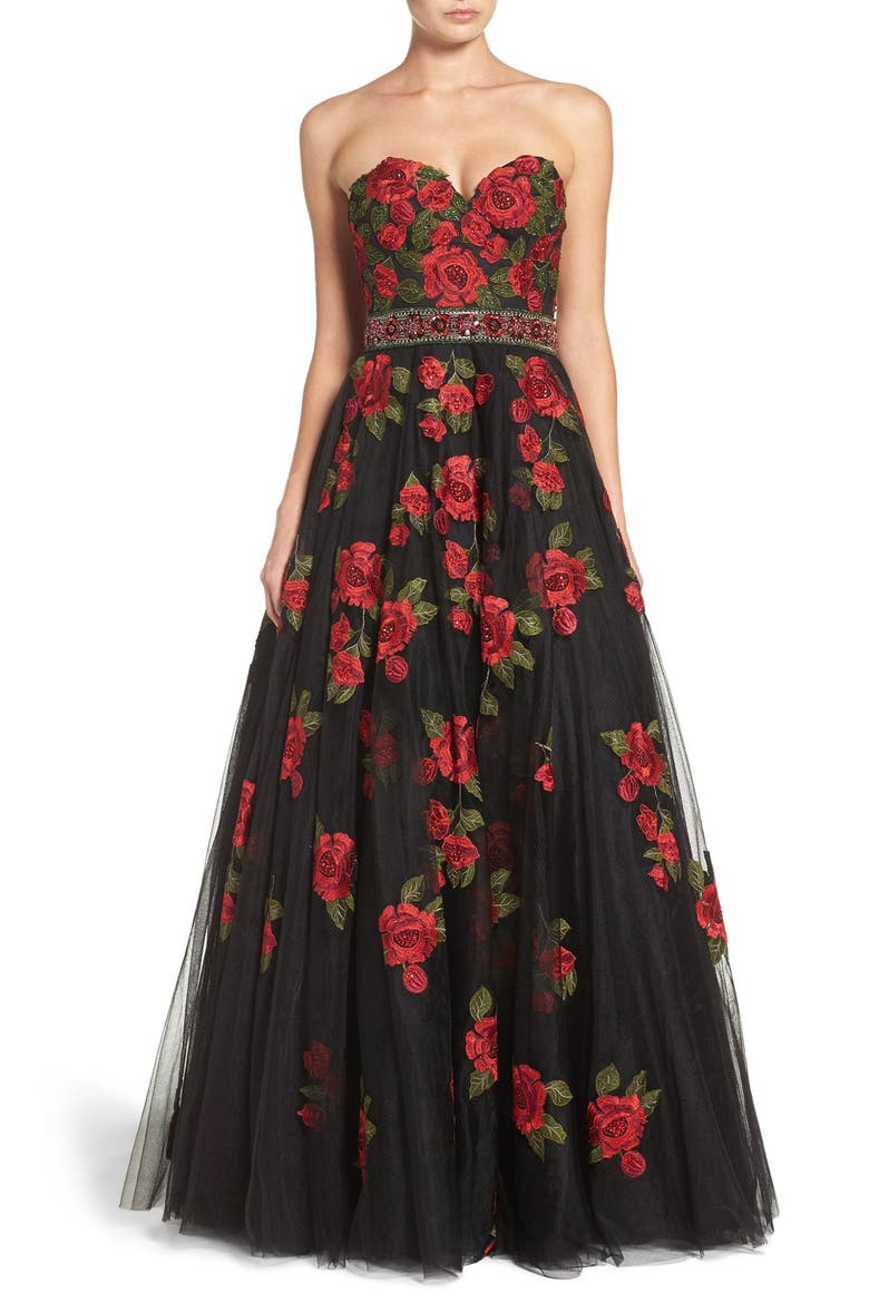 Embellished Tulle Ballgown, Main, color, BLACK/ MULTI
