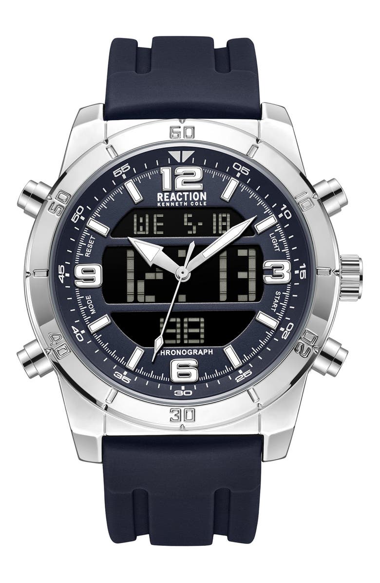 Kenneth Cole Reaction Ana-Digit Silicone Strap Watch, 48mm, Main, color, 