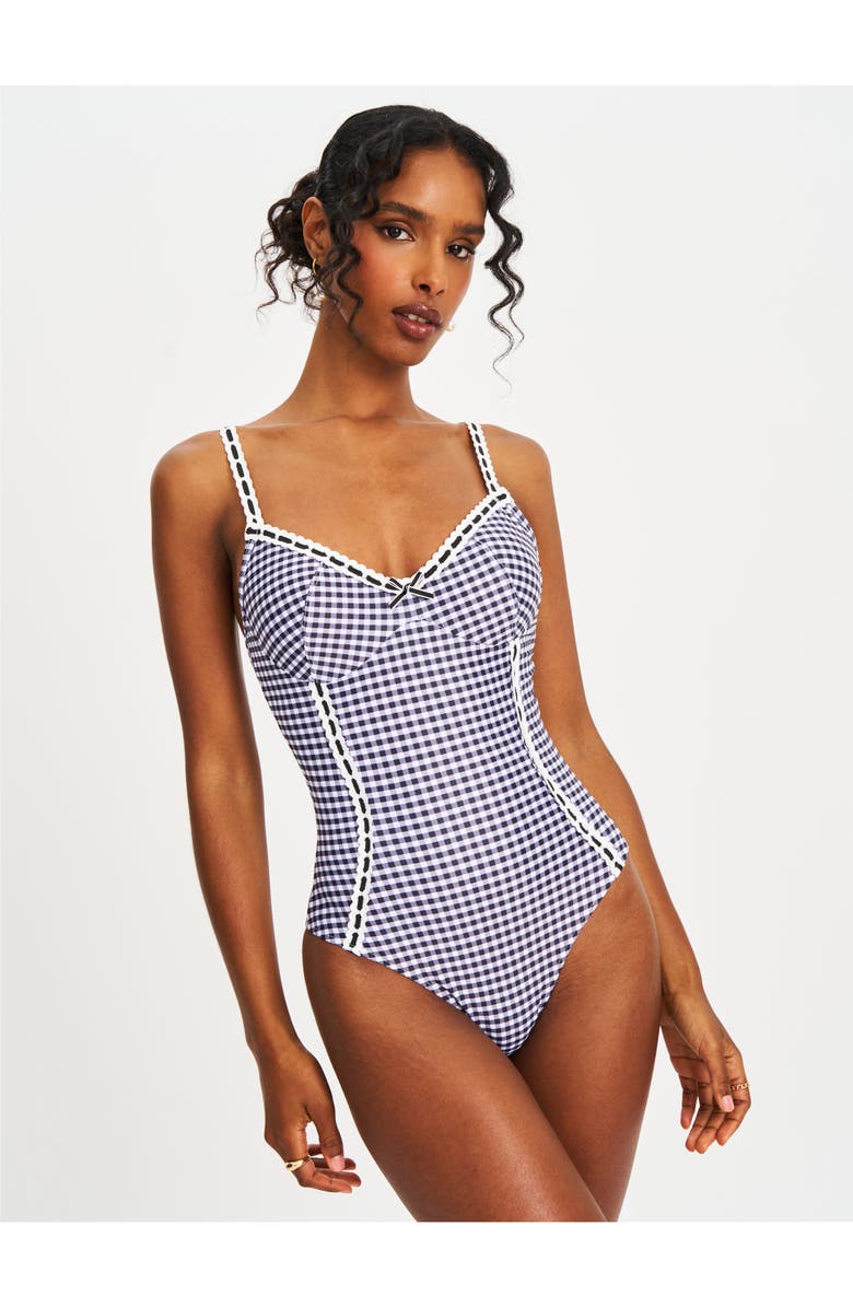 Miss Circle Gigi Gingham Lace Strap Backless Swimsuit, Alternate, color, Black