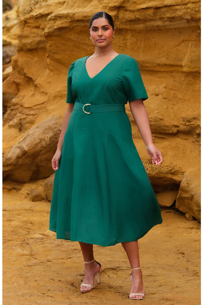 Aelin Linen Blend Fit & Flare Midi Dress, Alternate, color, JADE