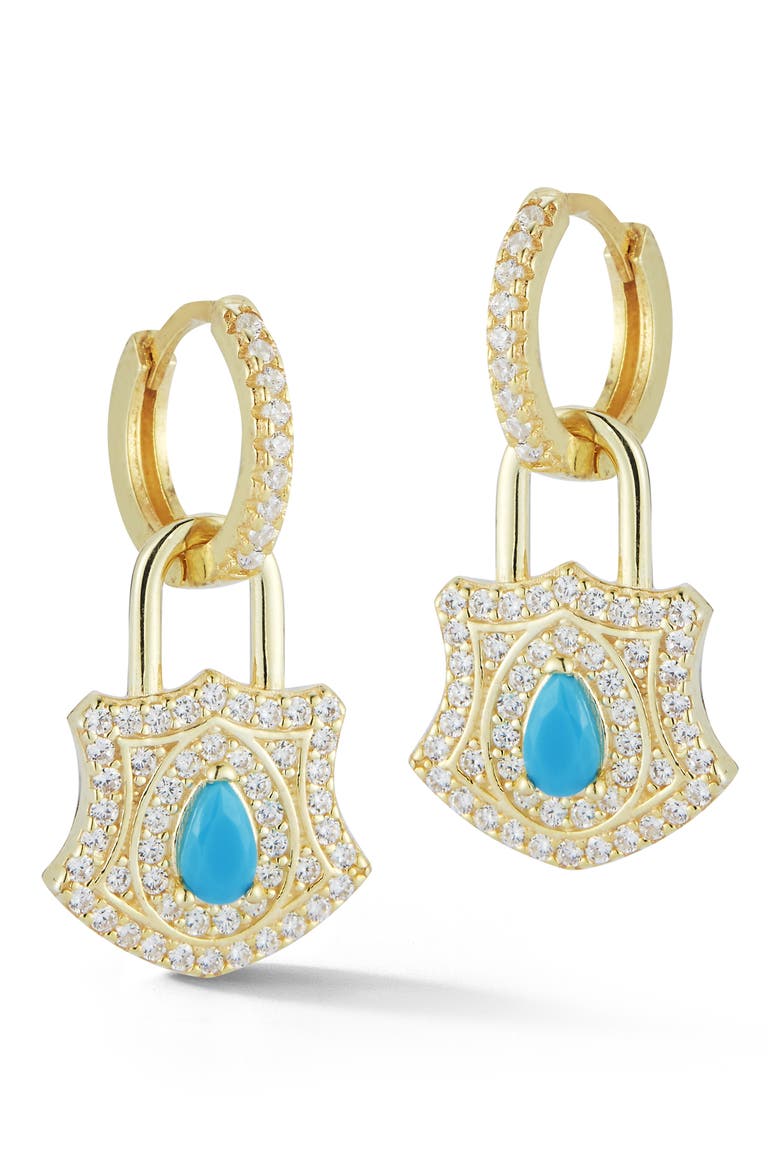 Cubic Zirconia & Synthetic Turquoise Padlock Drop Huggie Hoop Earrings, Main, color, TURQUOISE/ GOLD