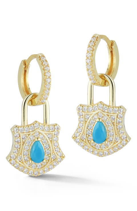 Cubic Zirconia & Synthetic Turquoise Padlock Drop Huggie Hoop Earrings