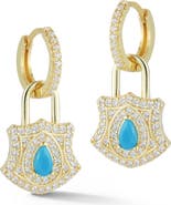 SPHERA MILANO Cubic Zirconia & Synthetic Turquoise Padlock Drop Huggie Hoop Earrings