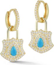 SPHERA MILANO Cubic Zirconia & Synthetic Turquoise Padlock Drop Huggie Hoop Earrings