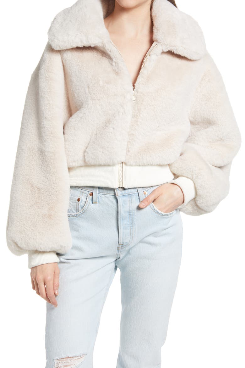 Faux Fur Bomber Jacket, Alternate, color, BEIGE