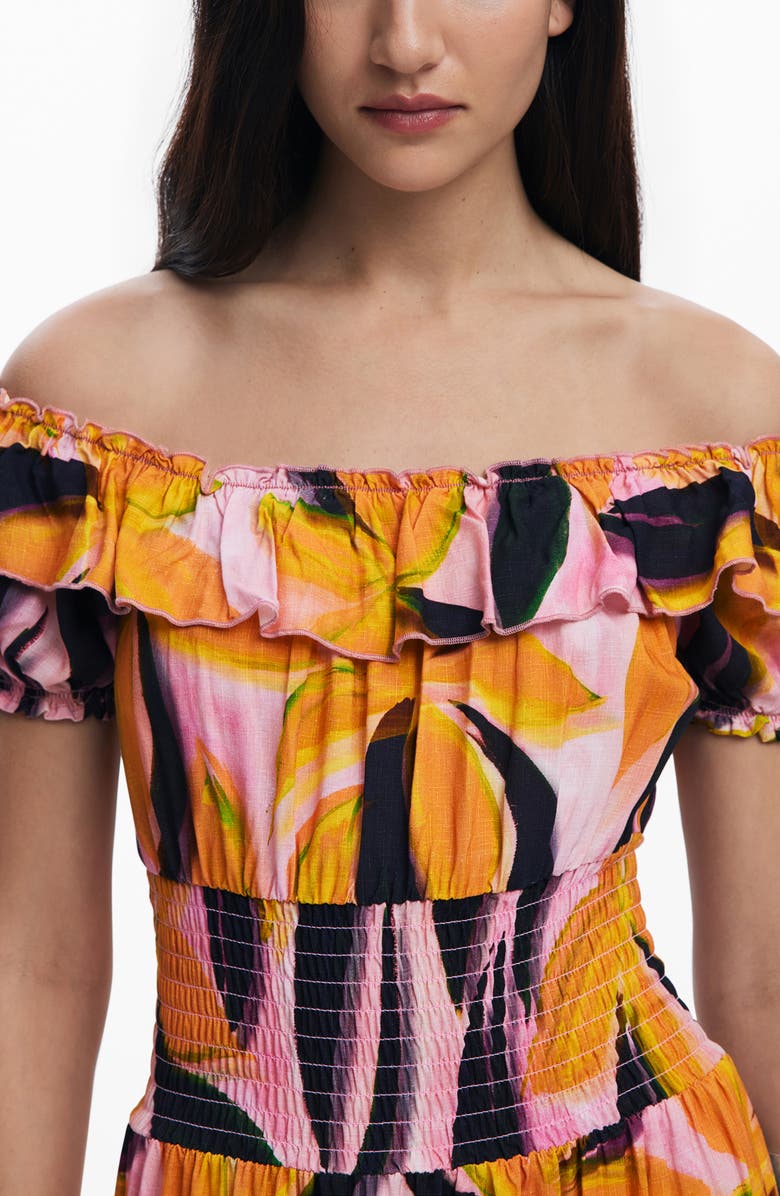 Desigual Abstract Print Off the Shoulder Tiered Midi Dress, Alternate, color, Pink Multi