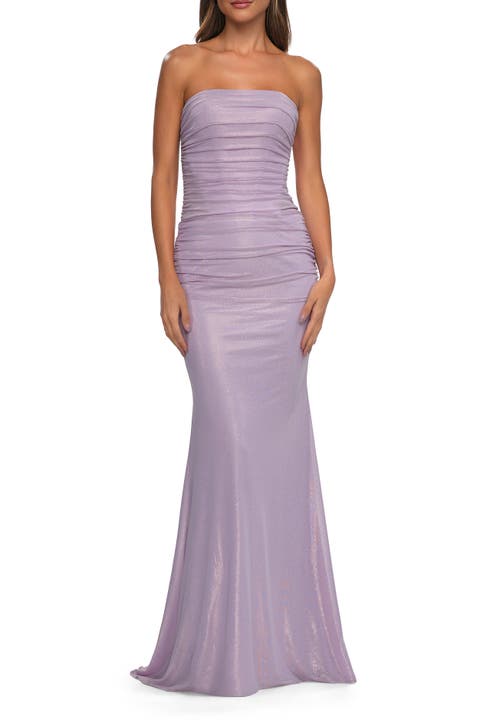 Metallic Prom Dress with Strapless Top and Flattering Ruching