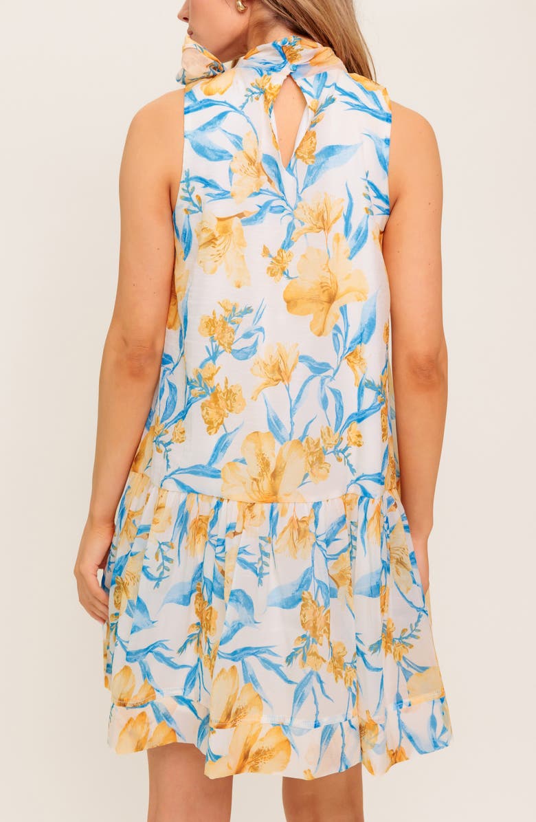 FLYING TOMATO Floral Tie Neck Sleeveless Trapeze Dress, Alternate, color, Blue/ Ivory
