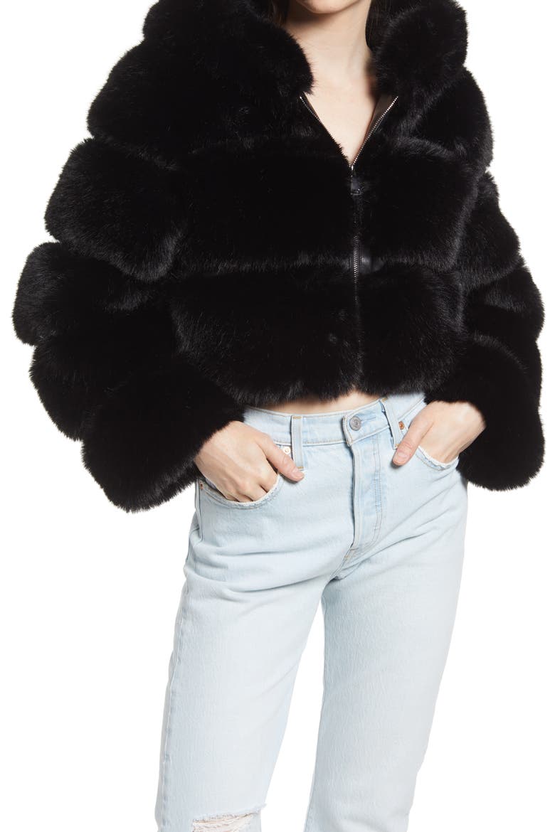 Faux Fur Puffer Jacket, Alternate, color, BLACK