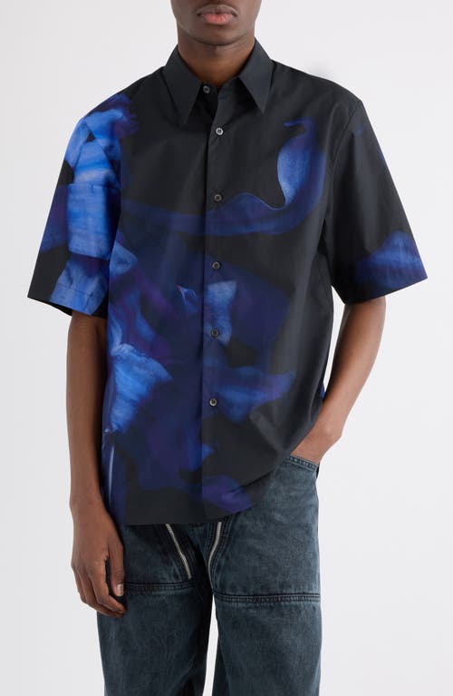 Dries Van Noten Clasen Floral Cotton Poplin Sleeve Silk Button-Up Shirt in Black 