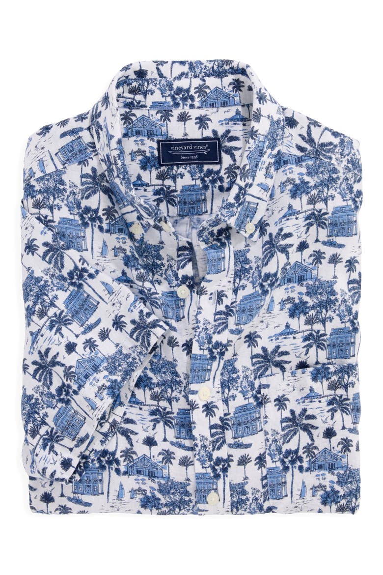 Gasparilla Scenic Print Short Sleeve Linen Blend Button-Down Shirt, Alternate, color, NAUTICAL NAVY
