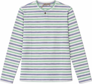 Positive Striped Henley Ribbed Neckline Long Sleeve Tee