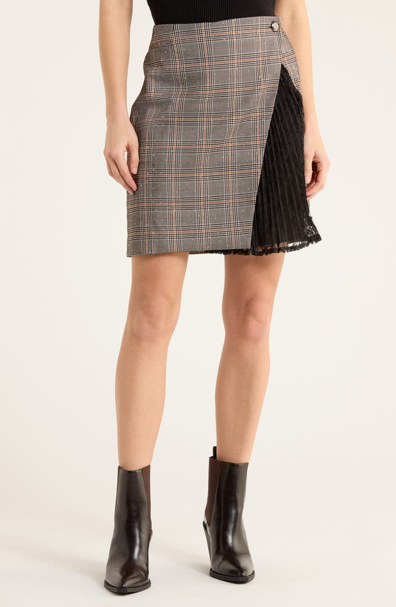 Nicole Miller Rhinestone Plaid Wrap Skirt, Main, color, Black/ Tan