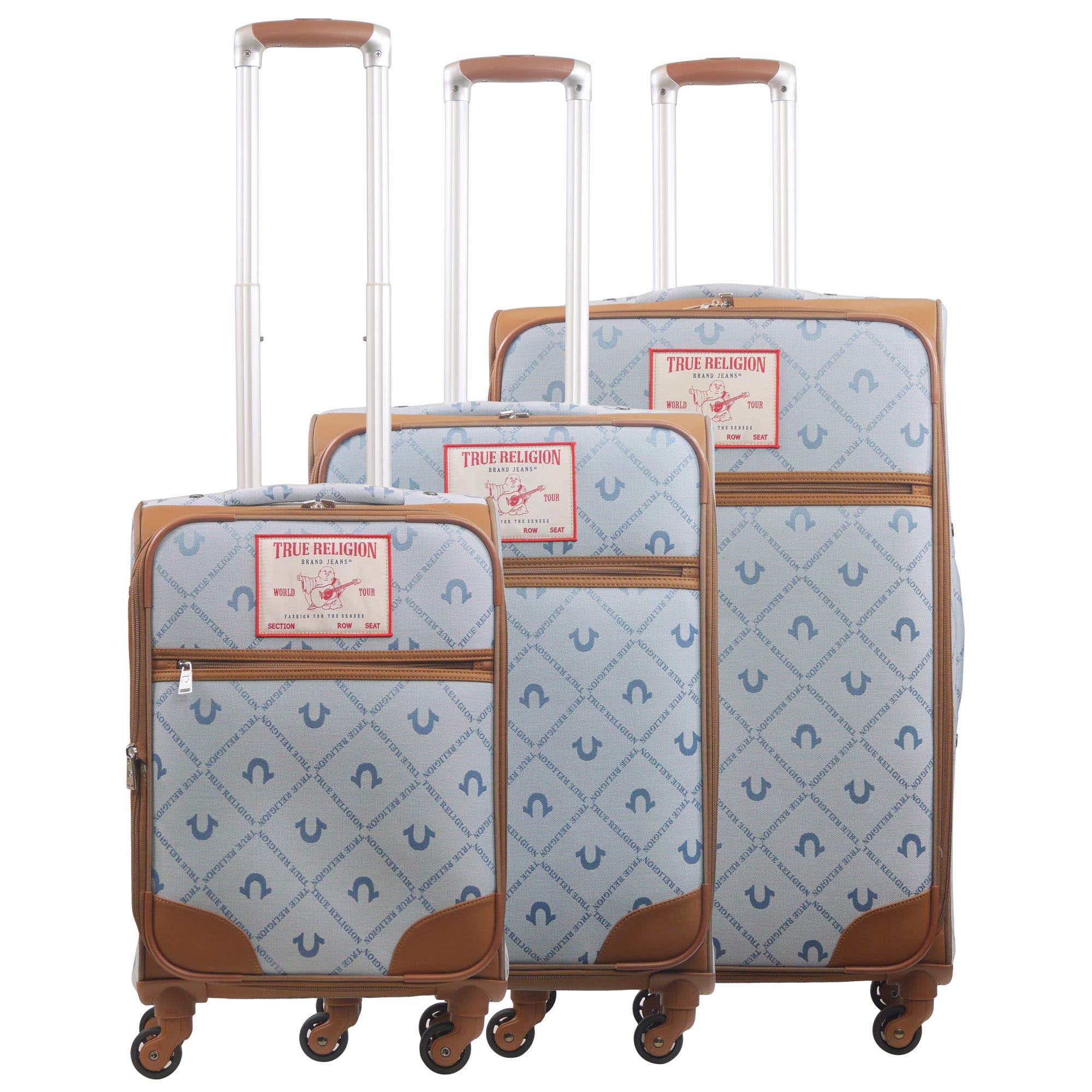 True Religion Soft Sided 3 pc spinner Luggage Set wiith Ionic logo monogram and Buddha patch, Alternate, color, 