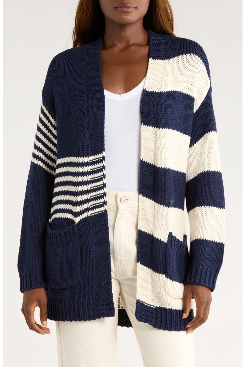 Boardwalk Stripe Cotton Open Front Cardigan, Main, color, COASTLINE