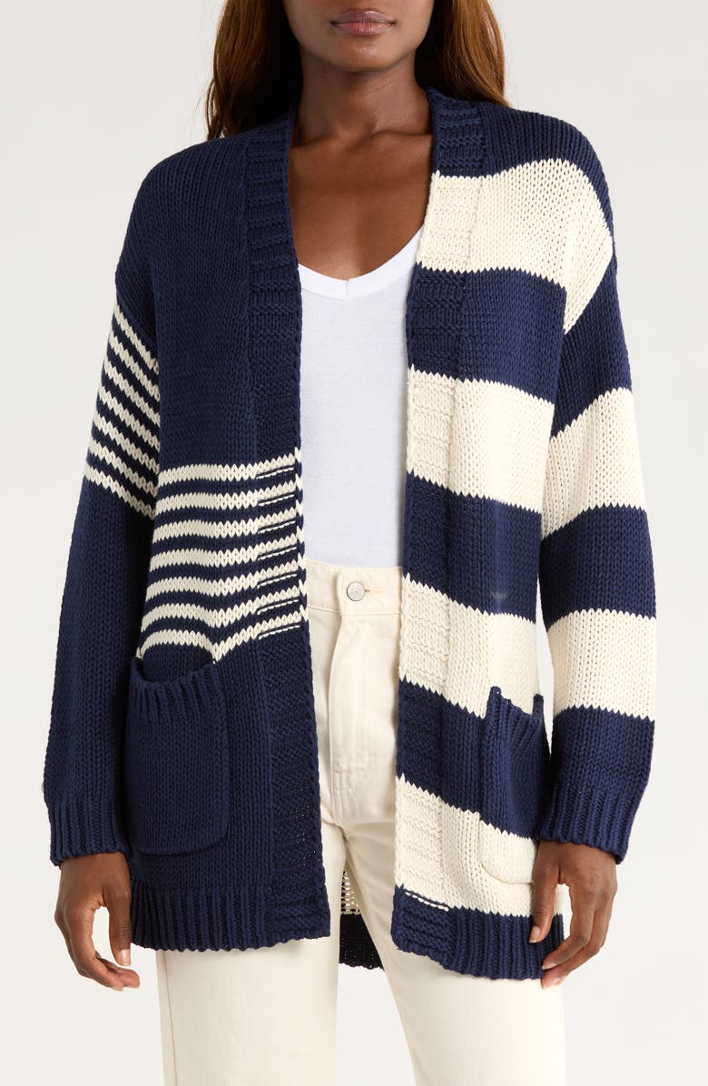 Tommy Bahama Boardwalk Stripe Cotton Open Front Cardigan, Main, color, Coastline