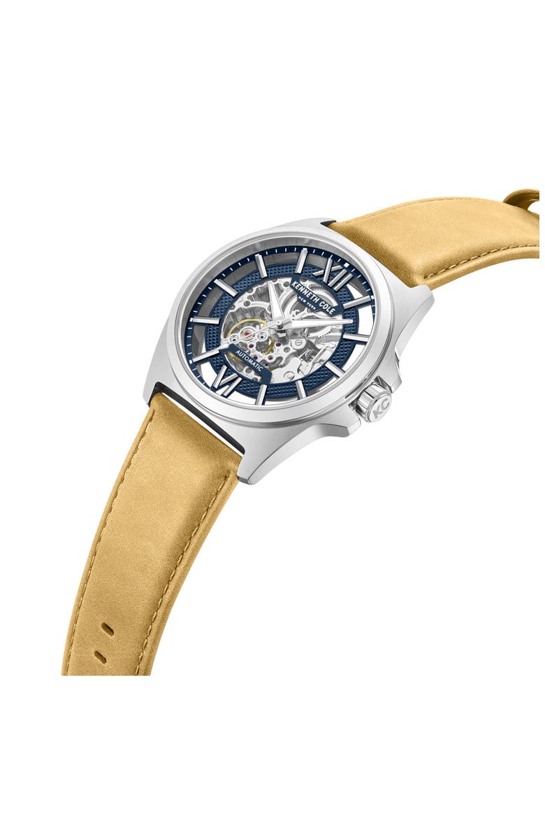 Skeleton Automatic Tan Leather Strap Watch, 44mm, Alternate, color, TAN