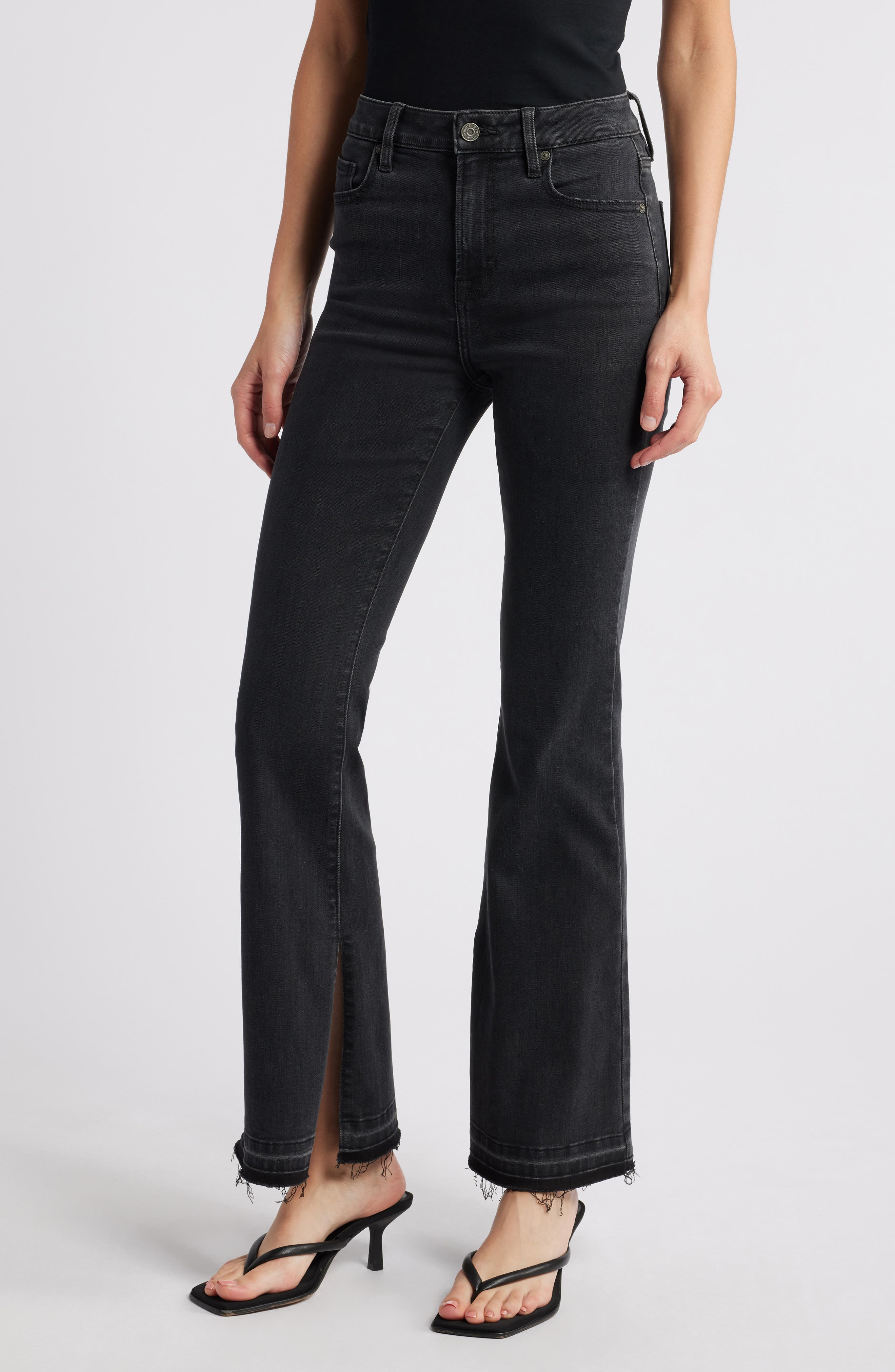 HIDDEN JEANS High Waist Frayed Hem Flare Jeans in Black 