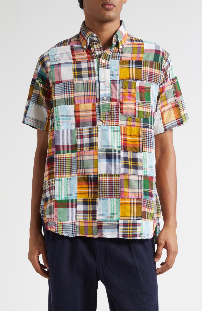 BEAMS Patchwork Plaid Short Sleeve Button-Down Popover Shirt, Main, color, 65 Green