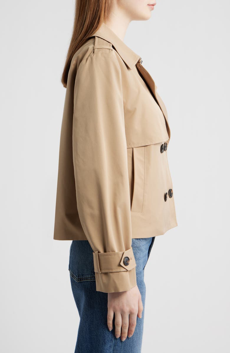 BCBG Floral Lining Short Trench Coat, Alternate, color, Camel