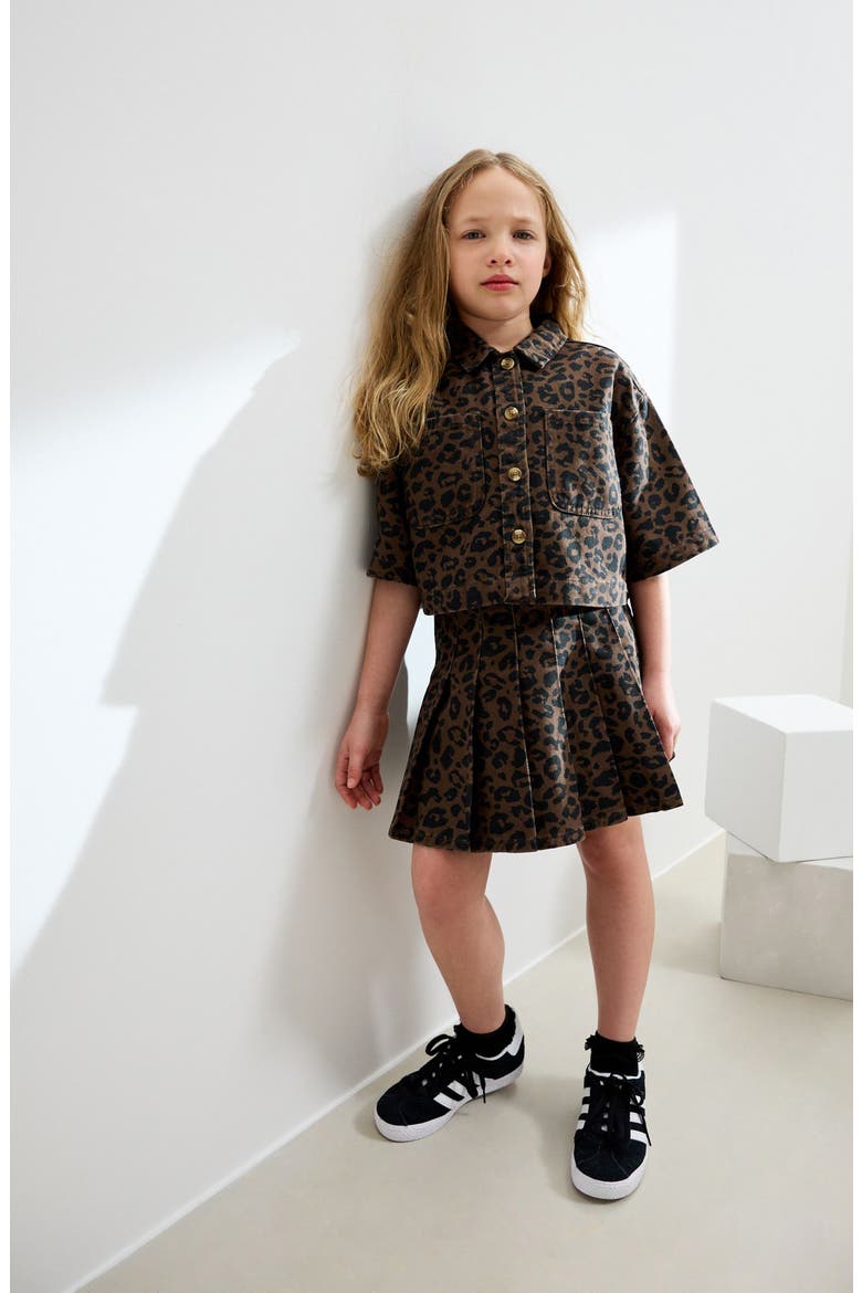 Kids' Leopard Print Cotton Shacket & Skirt Set, Alternate, color, LEOPARD