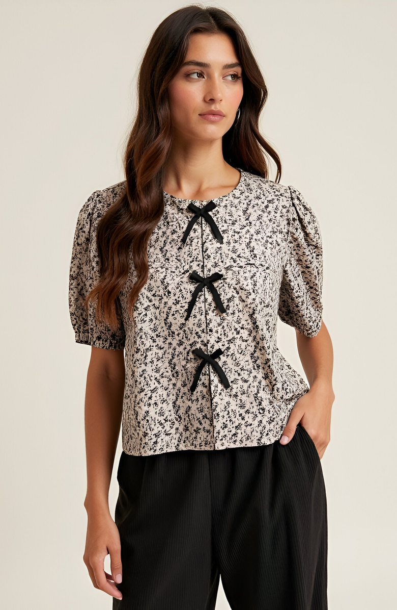 Modenaire Floral Puff-Sleeve Crewneck Velvet Bow-Accented Blouse, Alternate, color,