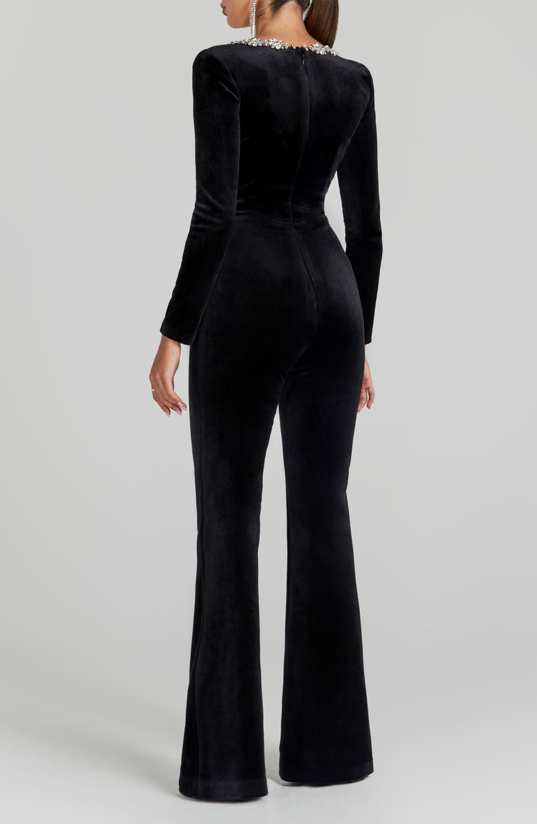 NADINE MERABI Kimberly Rhinestone Trim Velvet Jumpsuit, Alternate, color, Black