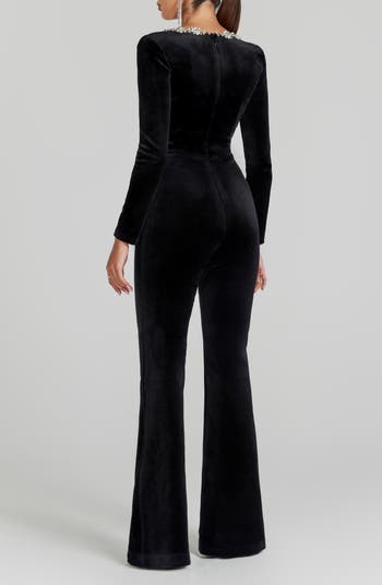 Kimberly Rhinestone Trim Velvet Jumpsuit