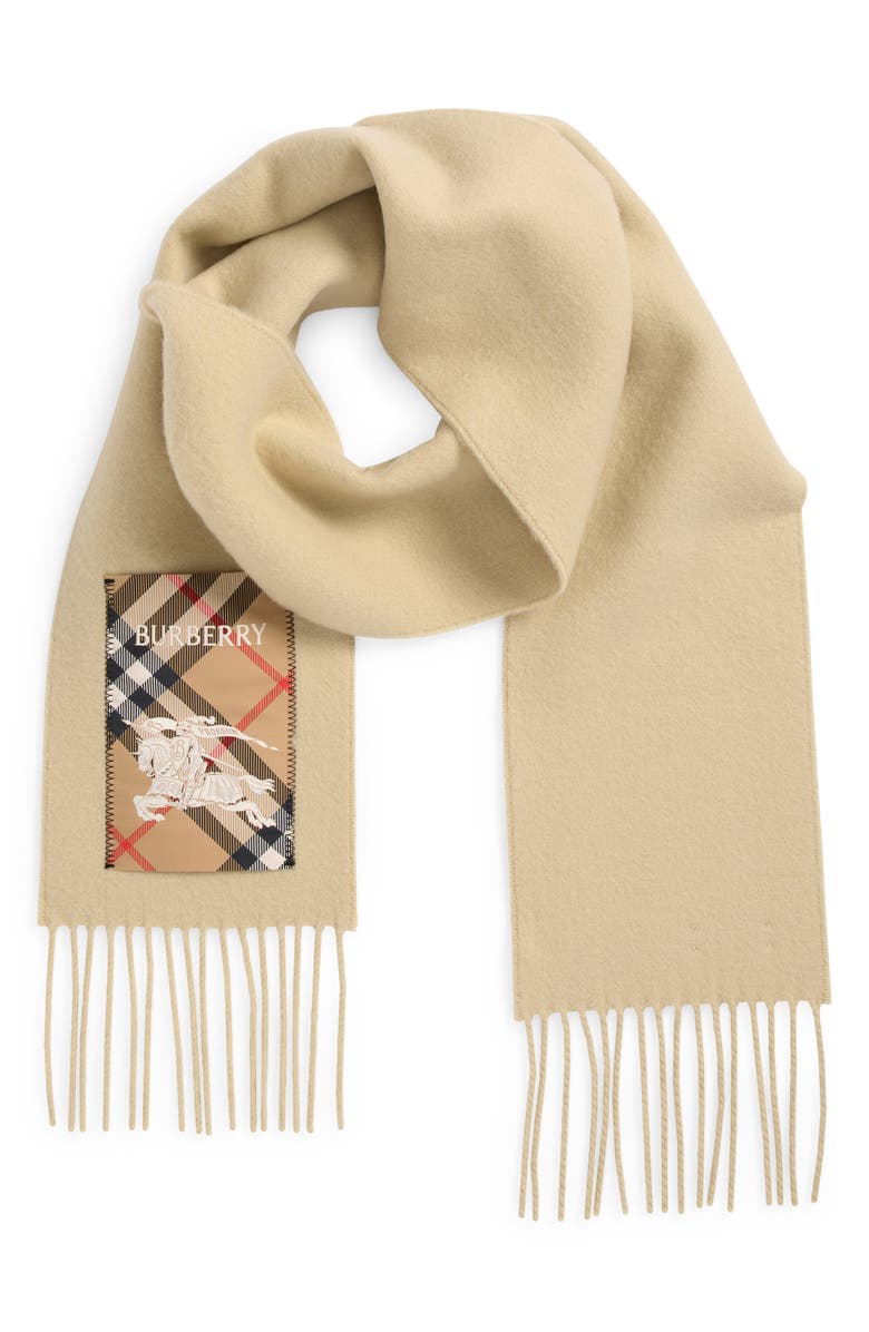 Burberry Equestrian Knight Detail Cashmere Fringe Scarf, Alternate, color, Nutmeg