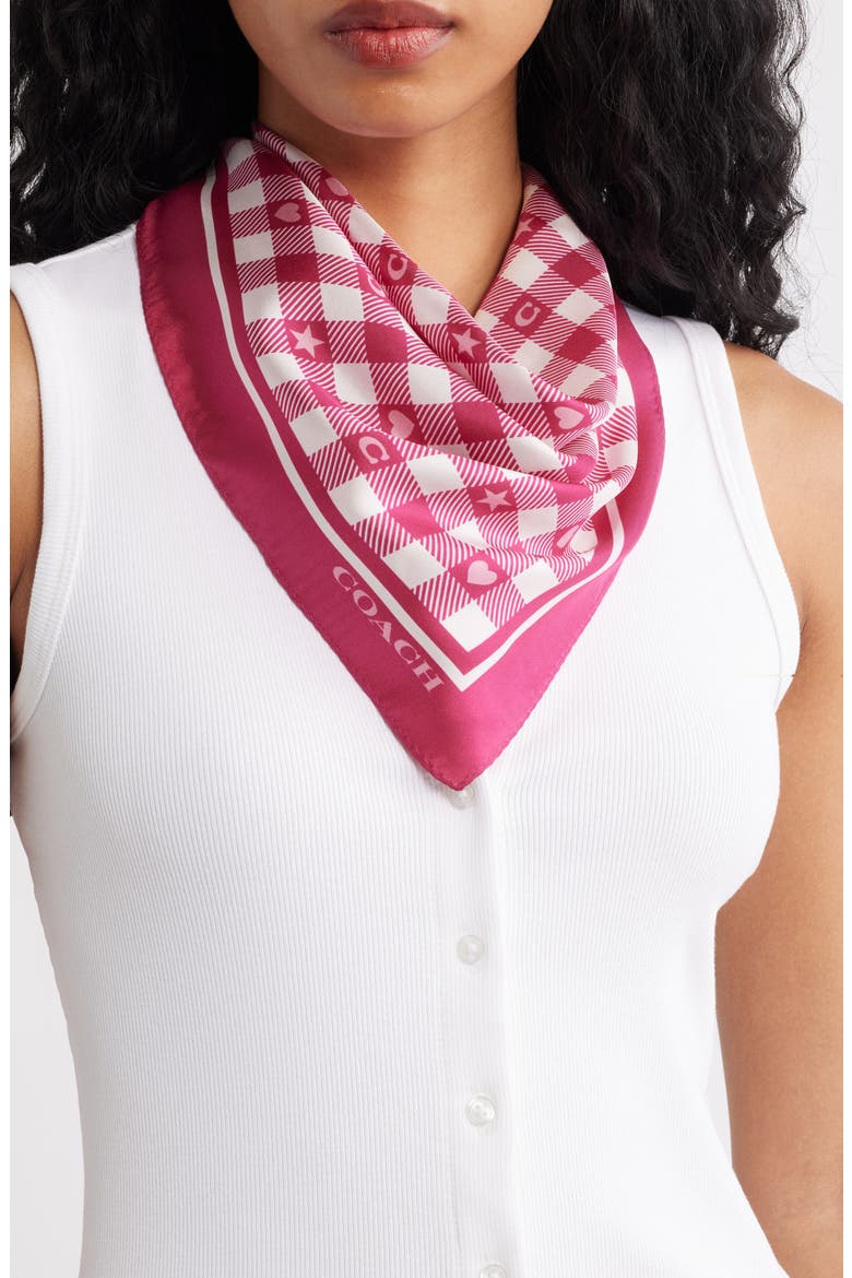 Gingham Play Silk Scarf, Main, color, DARK FUCHSIA