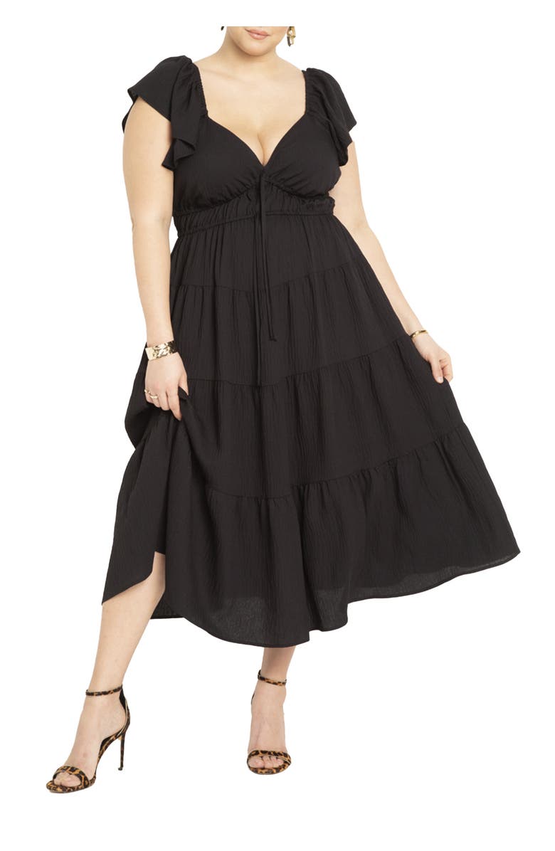 ELOQUII Ruffled Tiered Maxi Dress, Main, color, Black Onyx