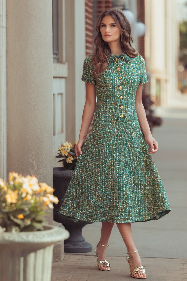 Boucle Short Sleeve Button Up Midi Dress, Alternate, color, Emerald Multi