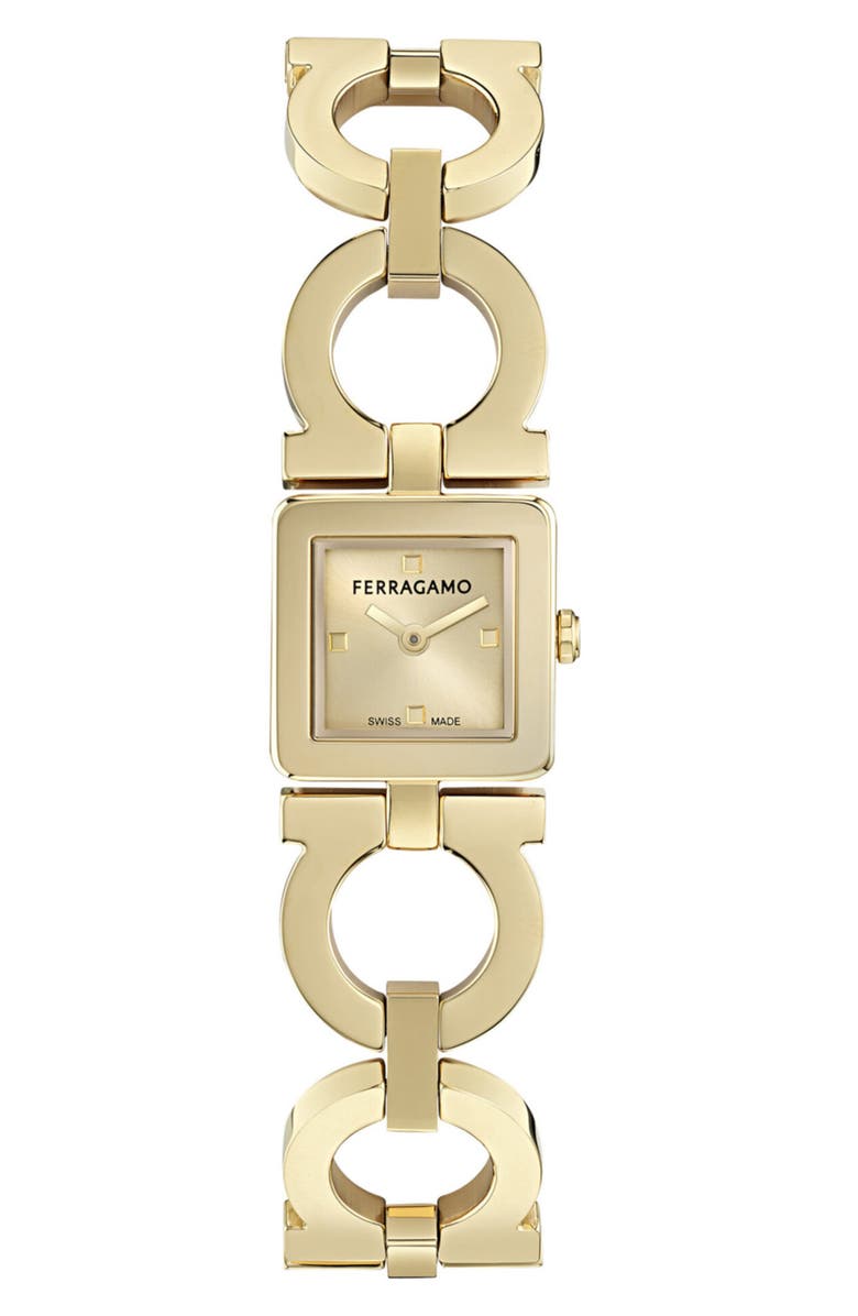 FERRAGAMO Double Gancini Square Bracelet Watch, 19mm x 19mm, Main, color, Ip Yellow Gold
