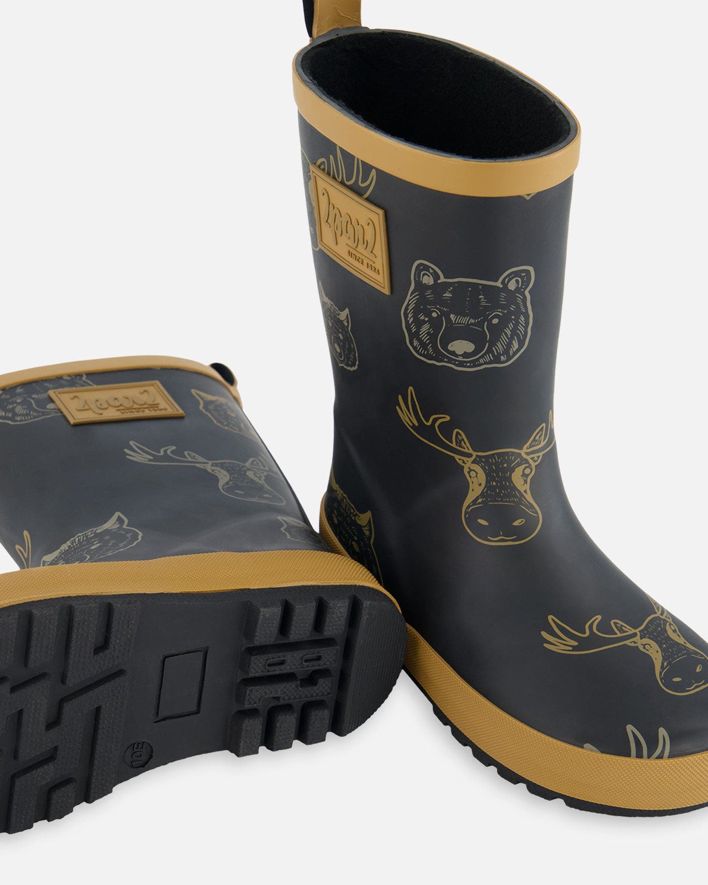 Deux par Deux Boy's Printed Rain Boots Beige Animals On Black Background, Alternate, color, 