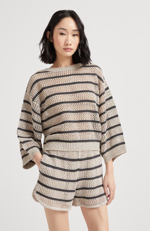 Brunello Cucinelli Micro Sequined Linen French Riveria Stripe Sweater In Light Grey