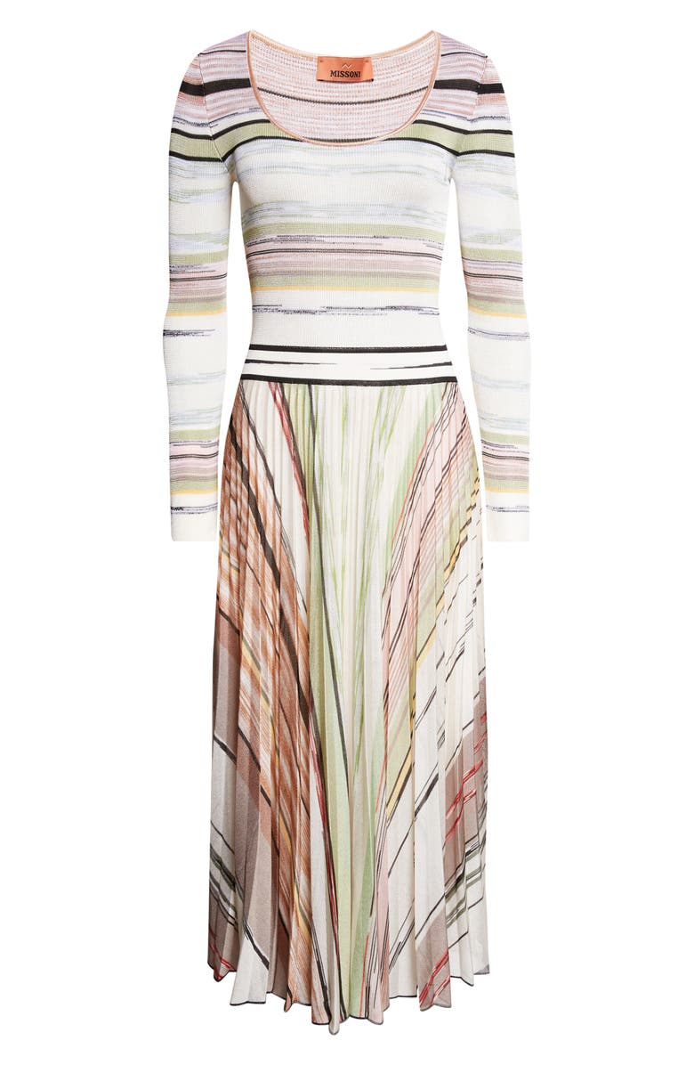 Missoni Flame Space Dye Stripe Pleated Long Sleeve Knit Dress, Alternate, color, Green Brown Tones