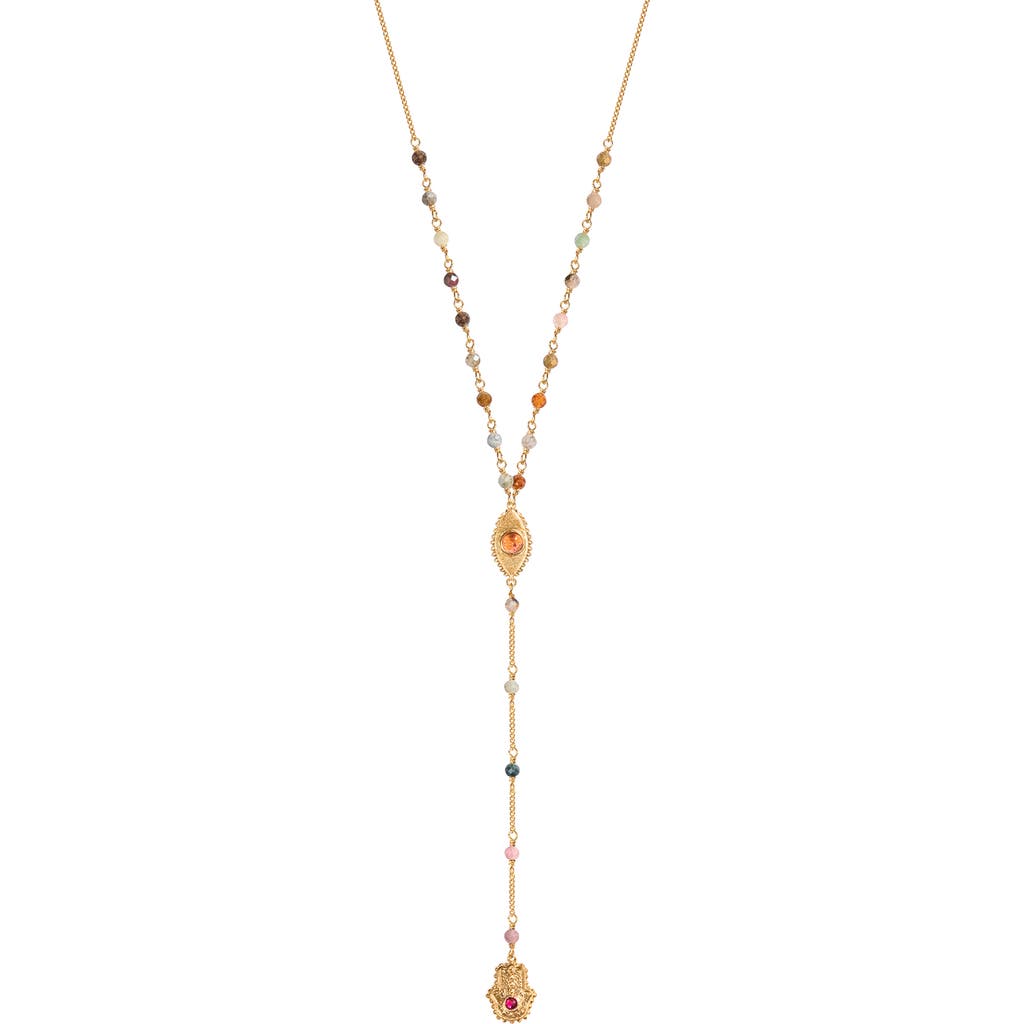 Karma and Luck Benevolent Spirit - Tourmaline Evil Eye Hamsa Lariat Necklace in Gold  product