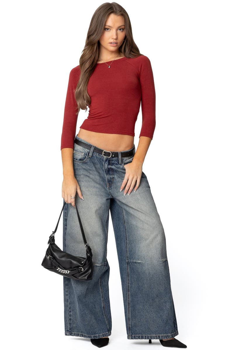 EDIKTED Mary Raglan Sleeve Crop Top, Alternate, color, Burgundy